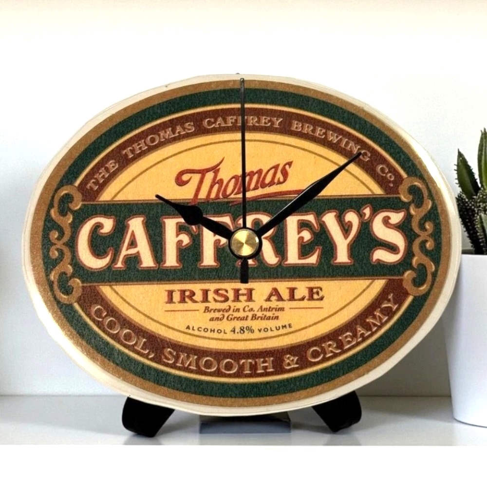 Upcycled Novelty Beer Mat Clock With Display Stand - Caffrey's Irish Ale #1