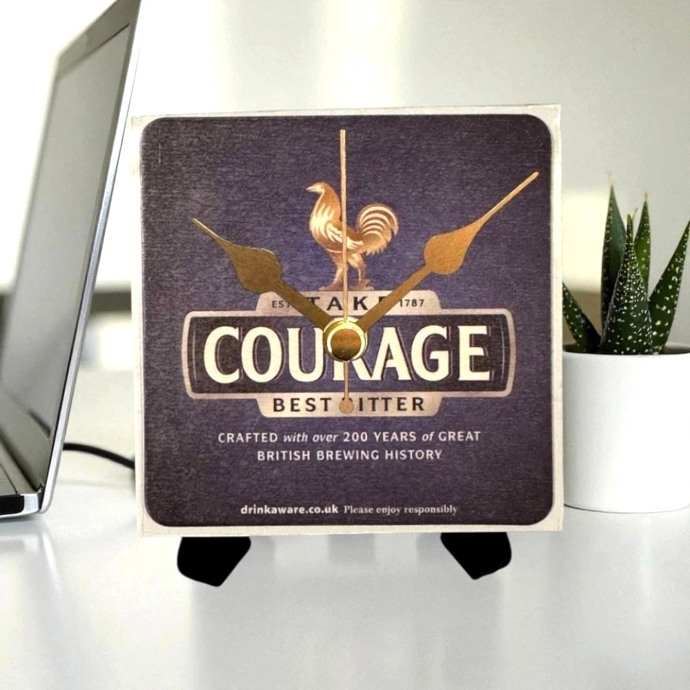 Upcycled Novelty Beer Mat Clock With Display Stand - Courage Best Bitter