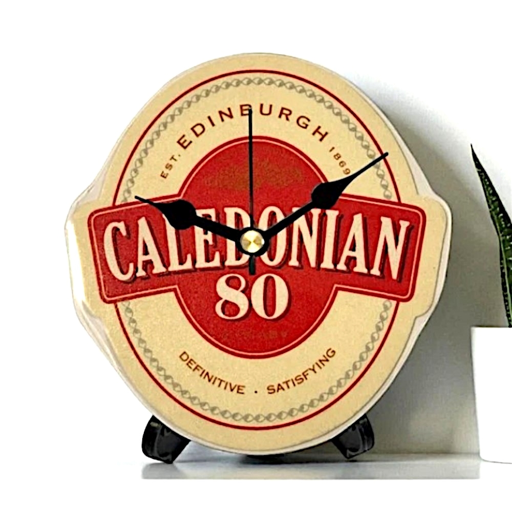 Upcycled Novelty Beer Mat Clock With Display Stand - Caledonian 80