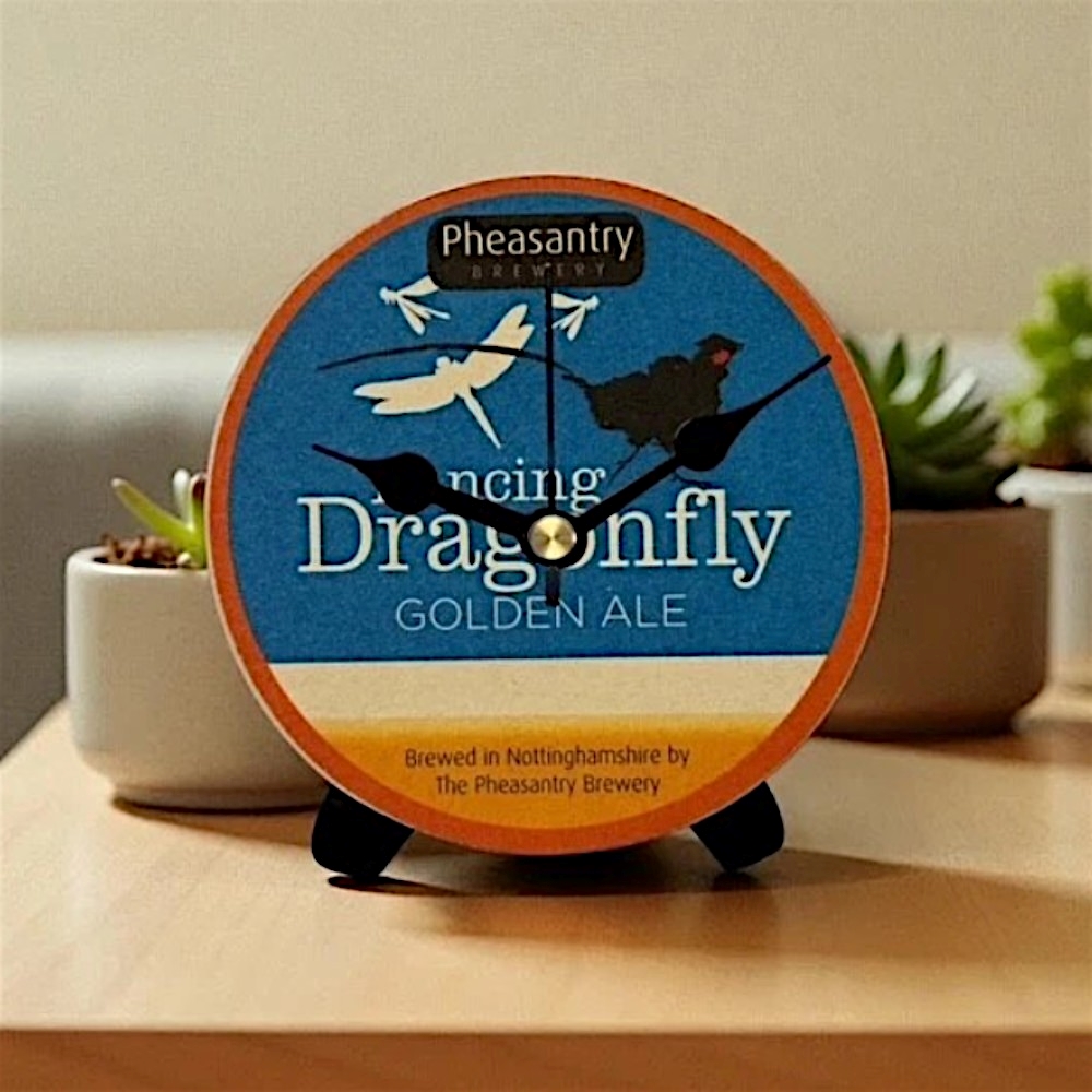Upcycled Novelty Beer Mat Clock With Display Stand - Dancing Dragonfly