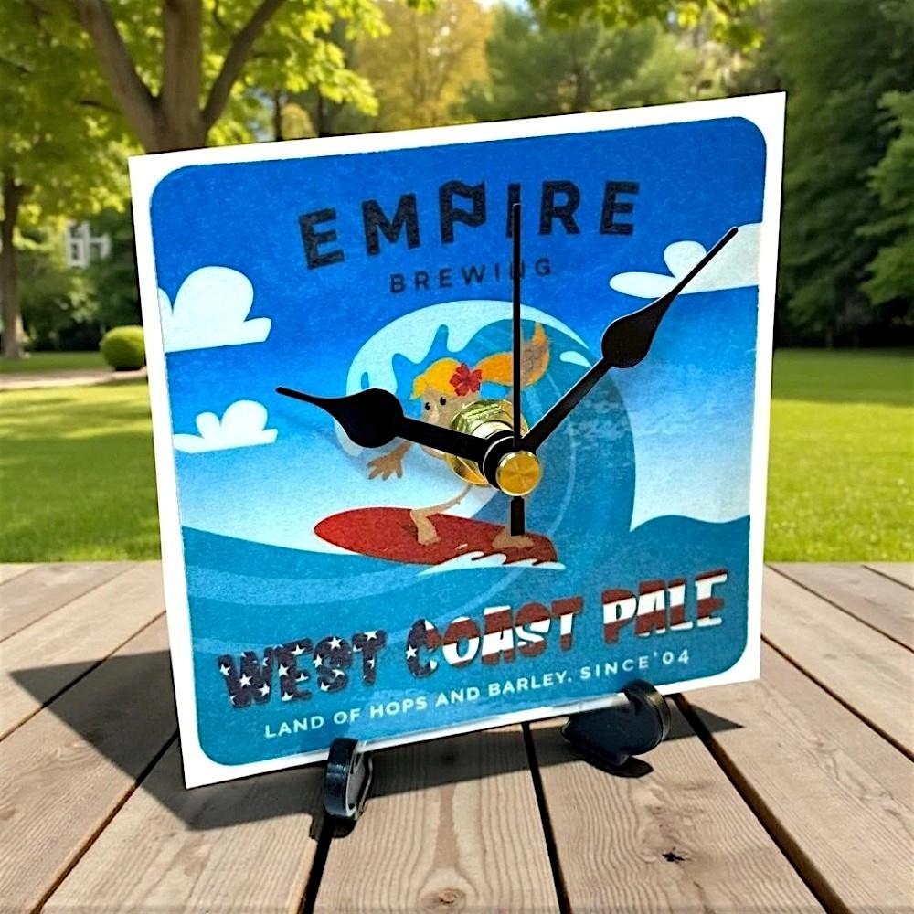 Upcycled Novelty Beer Mat Clock With Display Stand - West Coast Pale
