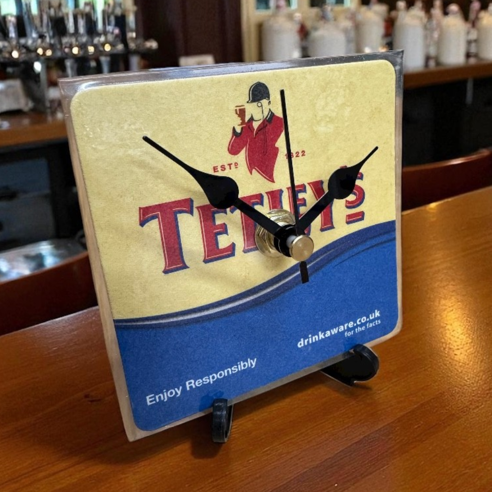 Upcycled Novelty Beer Mat Clock With Display Stand - Tetleys