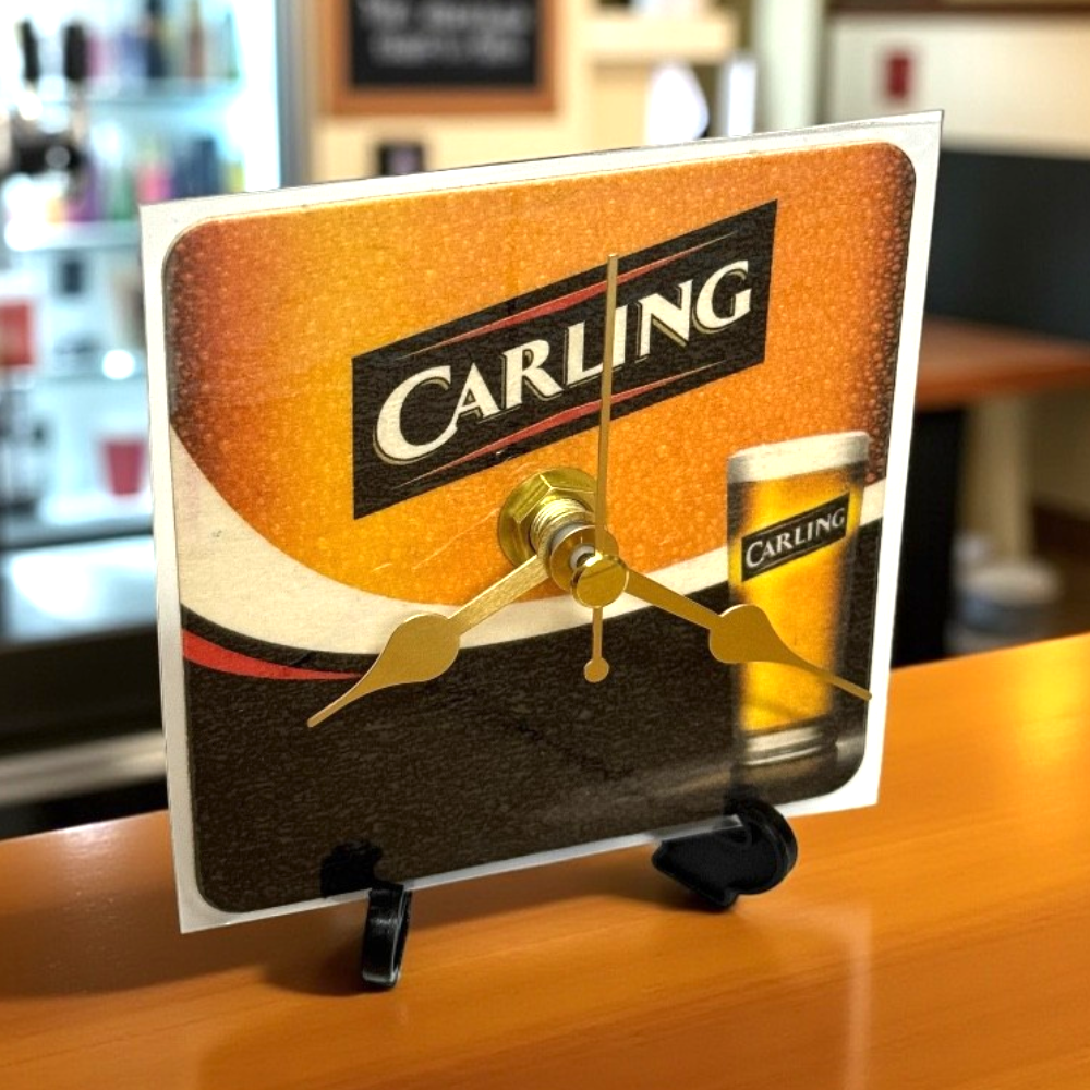 Novelty Beer Mat Clocks With Display Stand – Carling 01