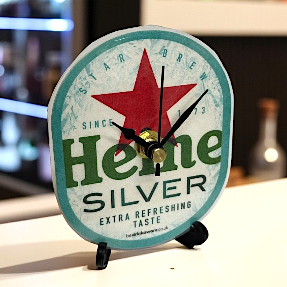 Novelty Beer Mat Clocks With Display Stand – Heineken Silver