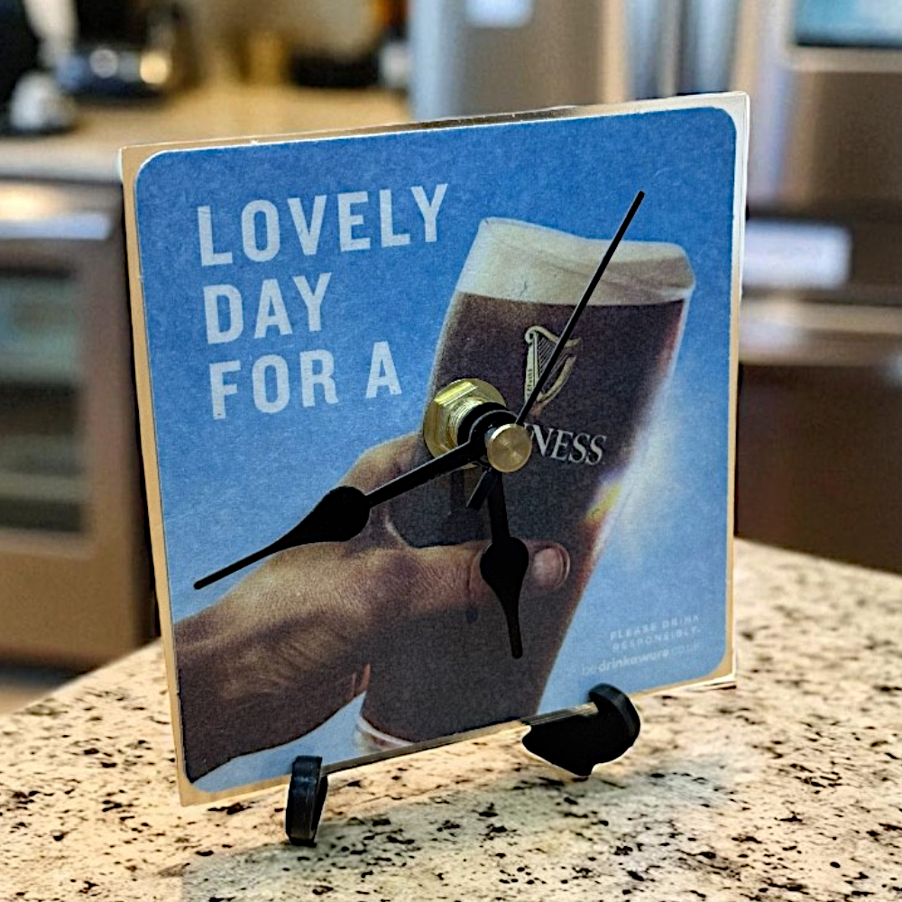 Upcycled Novelty Guinness Beer Mat Clock With Display Stand – Design 1