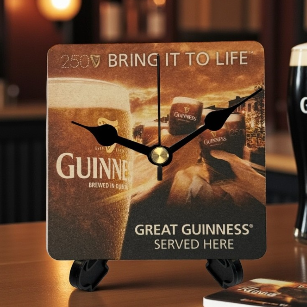 Upcycled Novelty Guinness Beer Mat Clock With Display Stand – Design 2