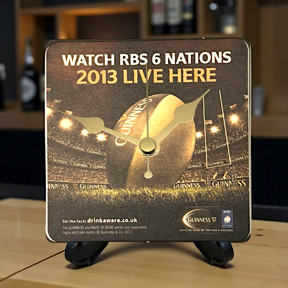 Upcycled Novelty Guinness Beer Mat Clock With Display Stand – Design 5