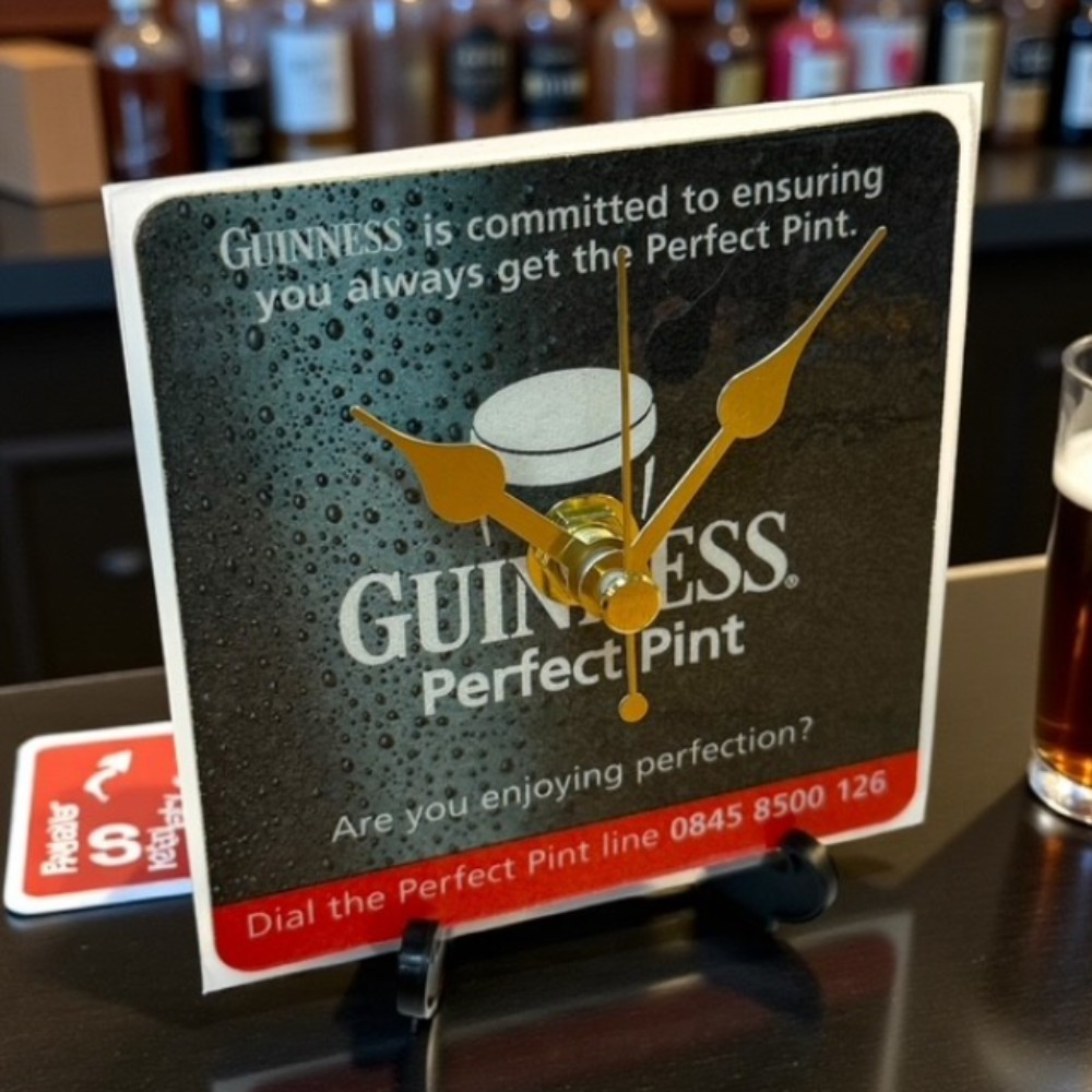 Upcycled Novelty Guinness Beer Mat Clock With Display Stand – Design 7