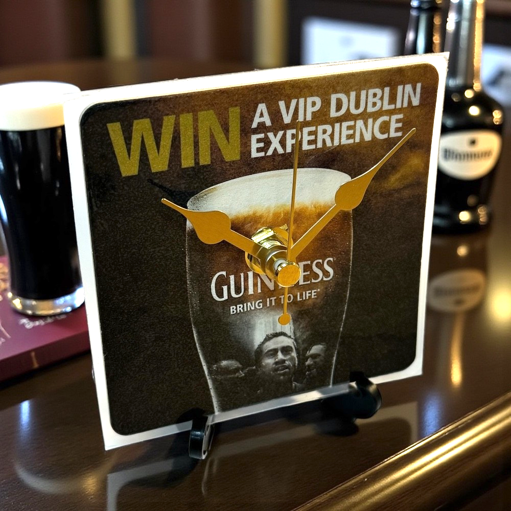 Upcycled Novelty Guinness Beer Mat Clock With Display Stand – Design 8