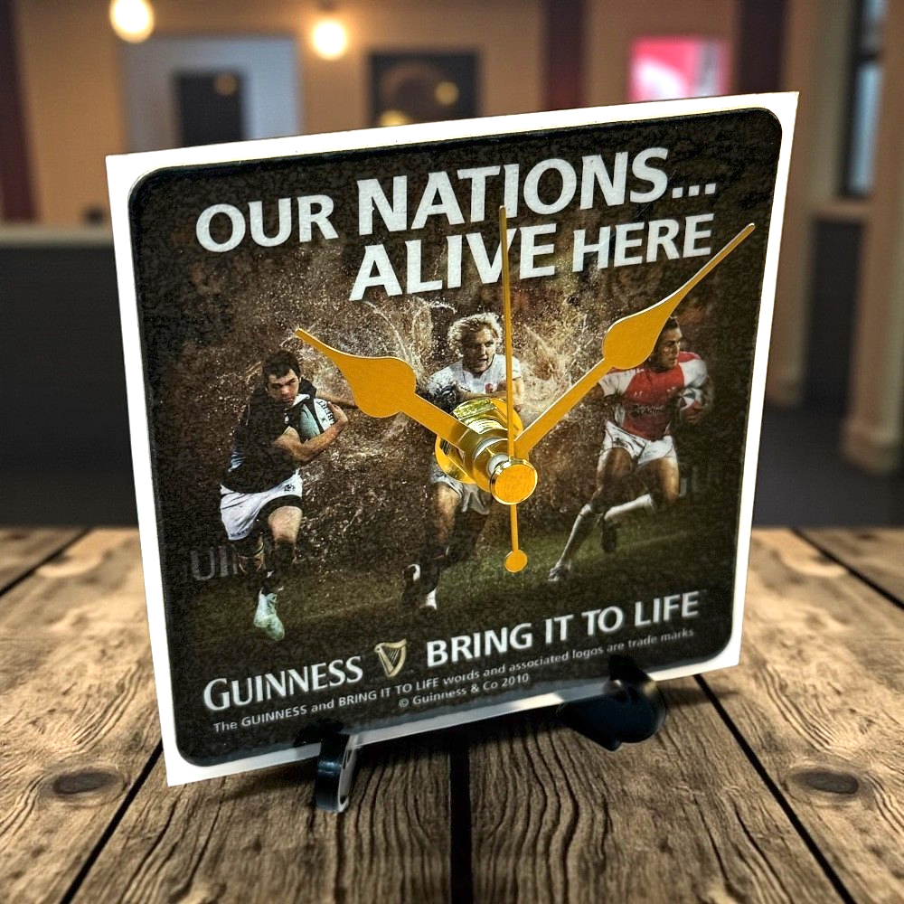 Upcycled Novelty Guinness Beer Mat Clock With Display Stand – Design 9