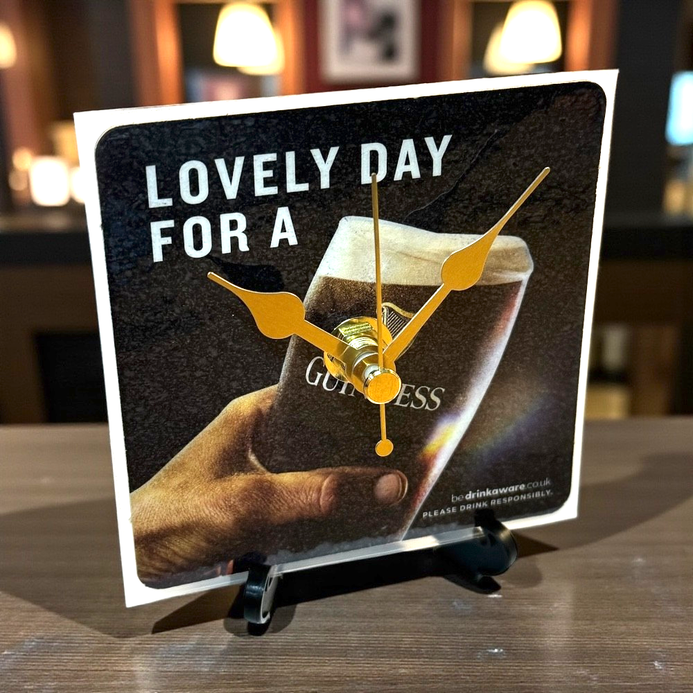 Upcycled Novelty Guinness Beer Mat Clock With Display Stand – Design 10