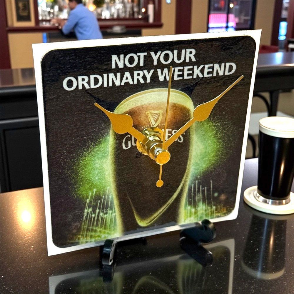 Upcycled Novelty Guinness Beer Mat Clock With Display Stand – Design 11