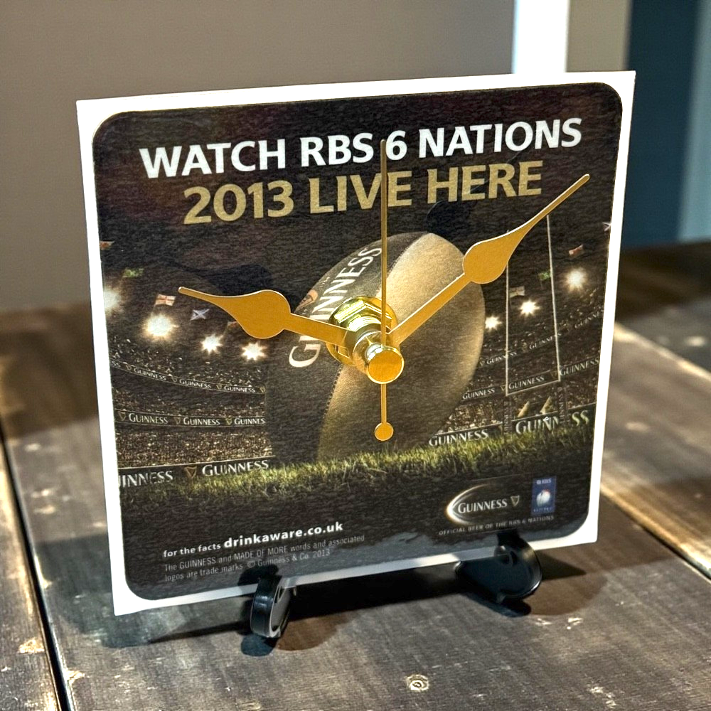 Upcycled Novelty Guinness Beer Mat Clock With Display Stand – Design 12