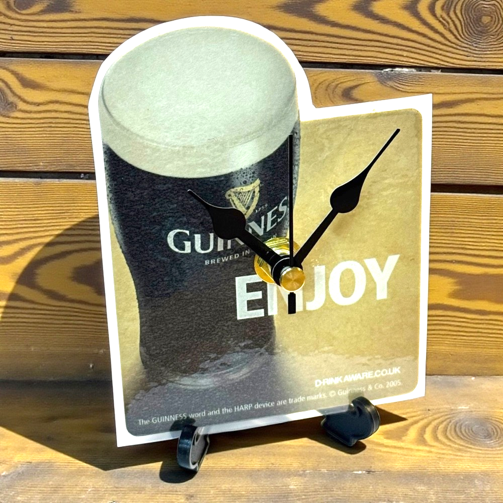 Upcycled Novelty Guinness Beer Mat Clock With Display Stand – Design 15