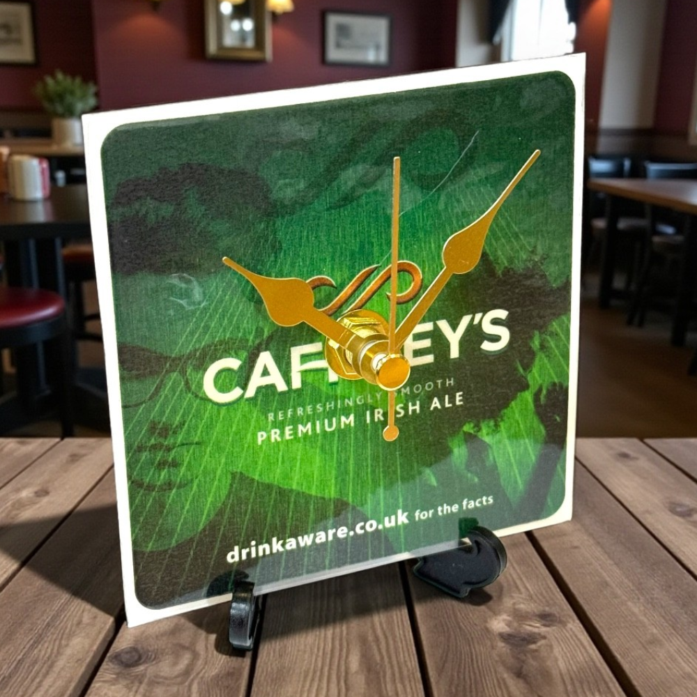 Upcycled Novelty Guinness Beer Mat Clock With Display Stand – Design 17