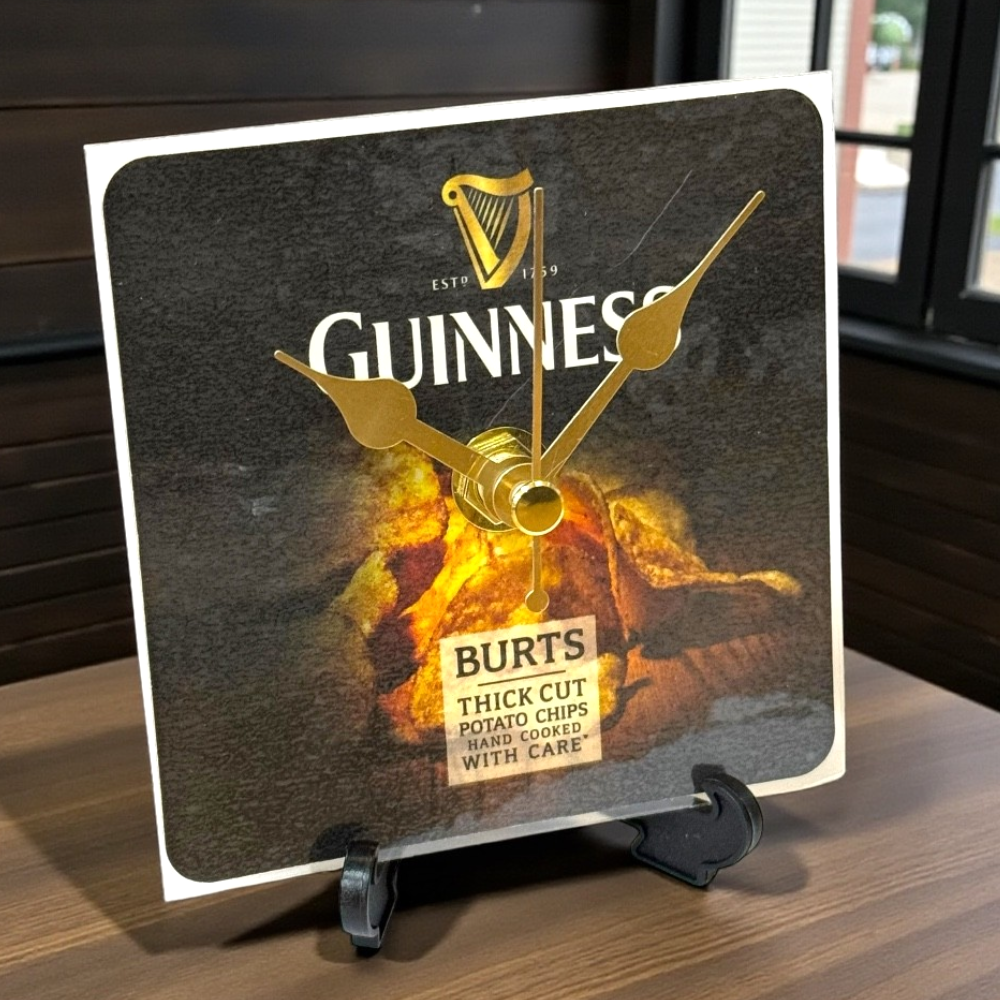 Upcycled Novelty Guinness Beer Mat Clock With Display Stand – Design 18