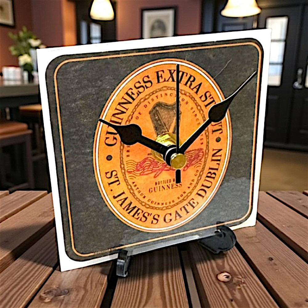 Upcycled Novelty Guinness Beer Mat Clock With Display Stand – Design 19