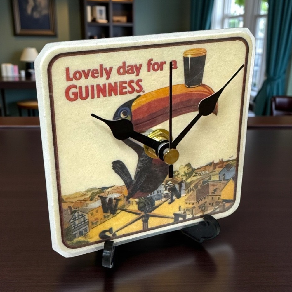 Upcycled Novelty Guinness Beer Mat Clock With Display Stand – Design 20