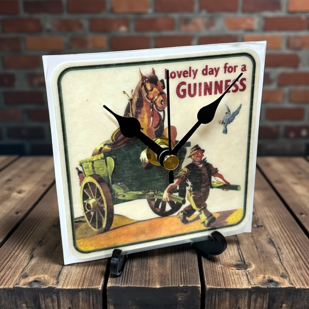 Upcycled Novelty Guinness Beer Mat Clock With Display Stand – Design 21