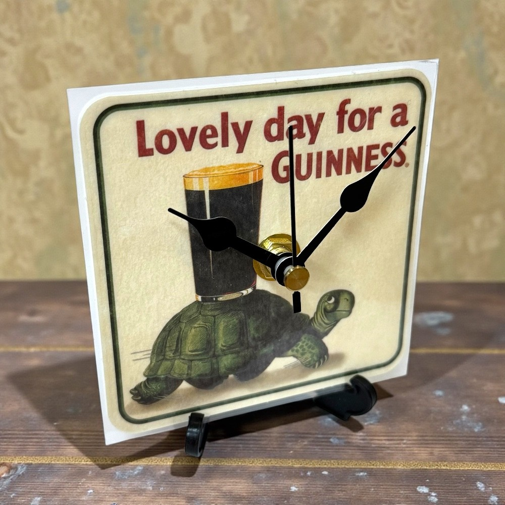 Upcycled Novelty Guinness Beer Mat Clock With Display Stand – Design 22