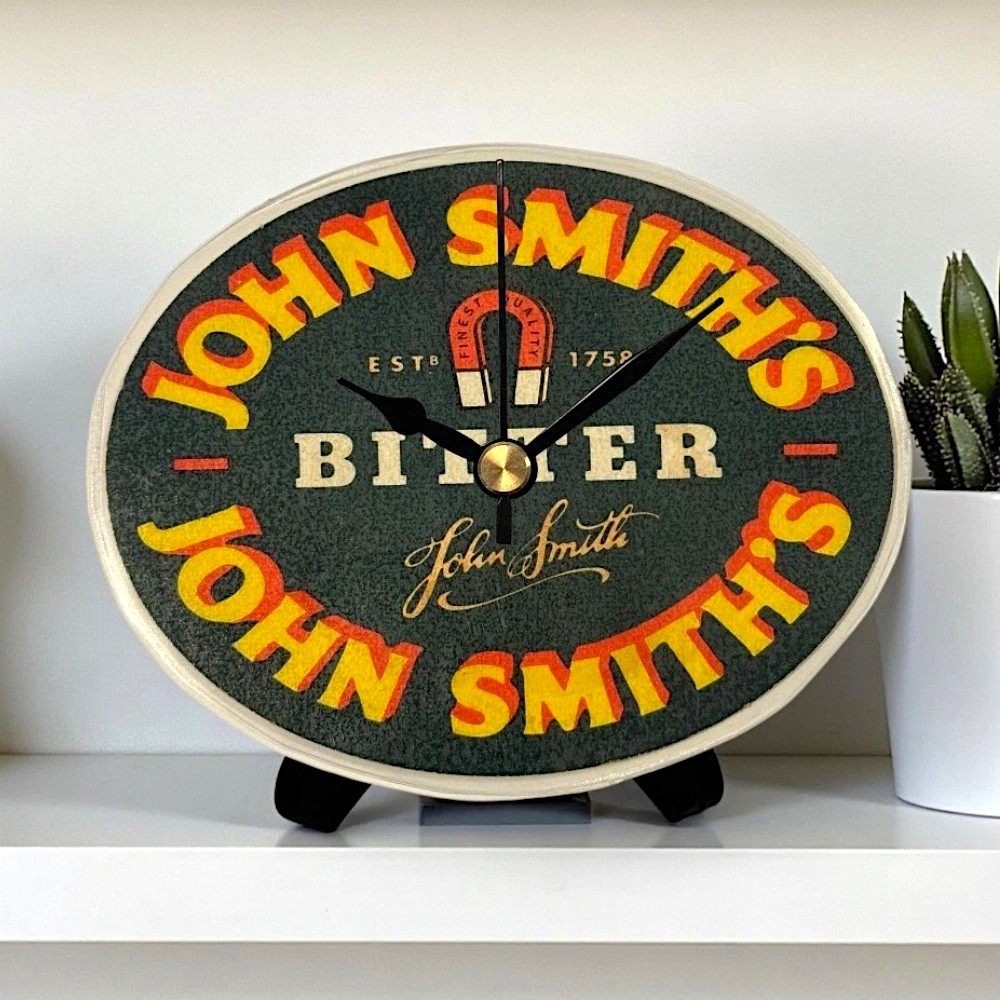 Upcycled Novelty Beer Mat Clock With Display Stand - John Smiths Design 2