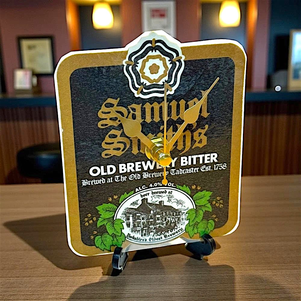 Upcycled Novelty Beer Mat Clock With Display Stand - Samuel Smiths Design 2