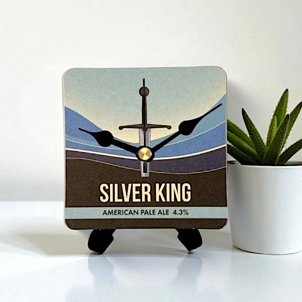 Upcycled Novelty Beer Mat Clock With Display Stand - Silver King