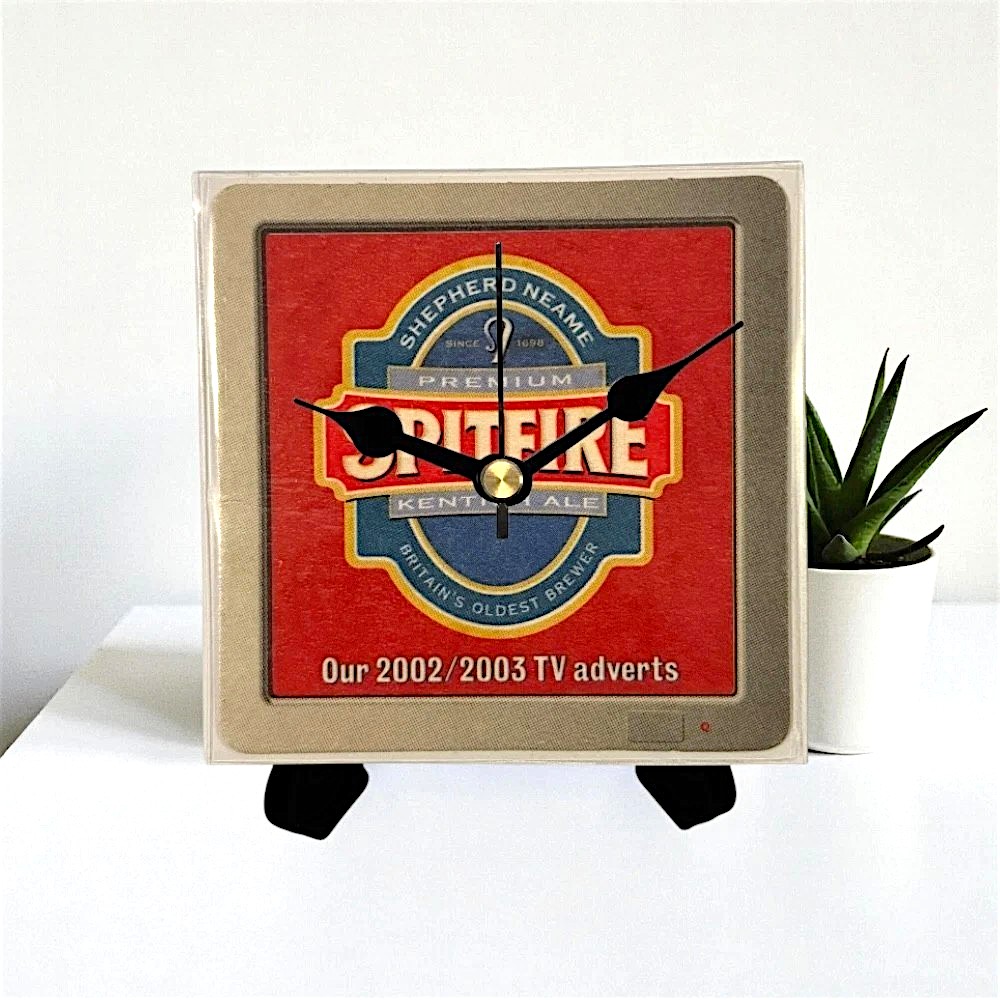 Upcycled Novelty Beer Mat Clock With Display Stand - Spitfire Design 1