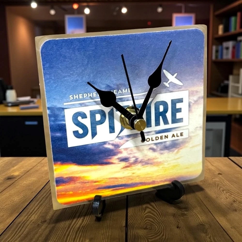 Upcycled Novelty Beer Mat Clock With Display Stand - Spitfire Design 3