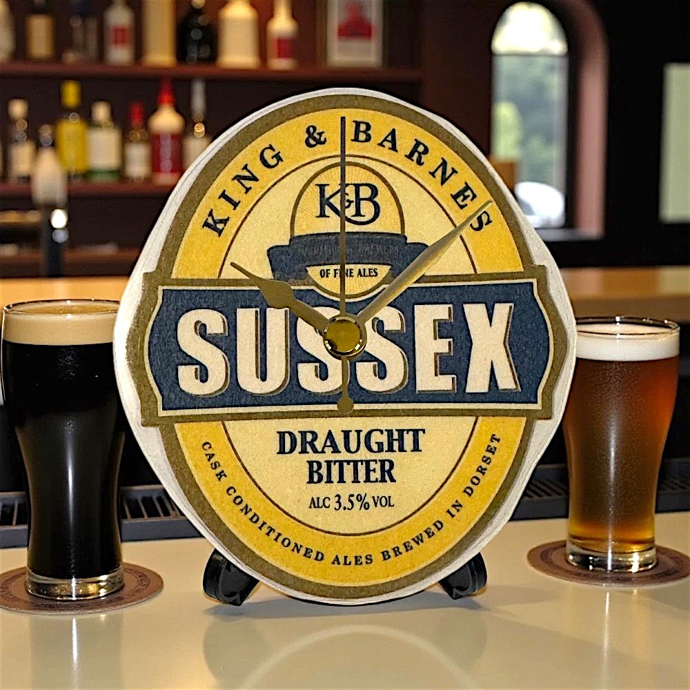 Upcycled Novelty Beer Mat Clock With Display Stand - Sussex