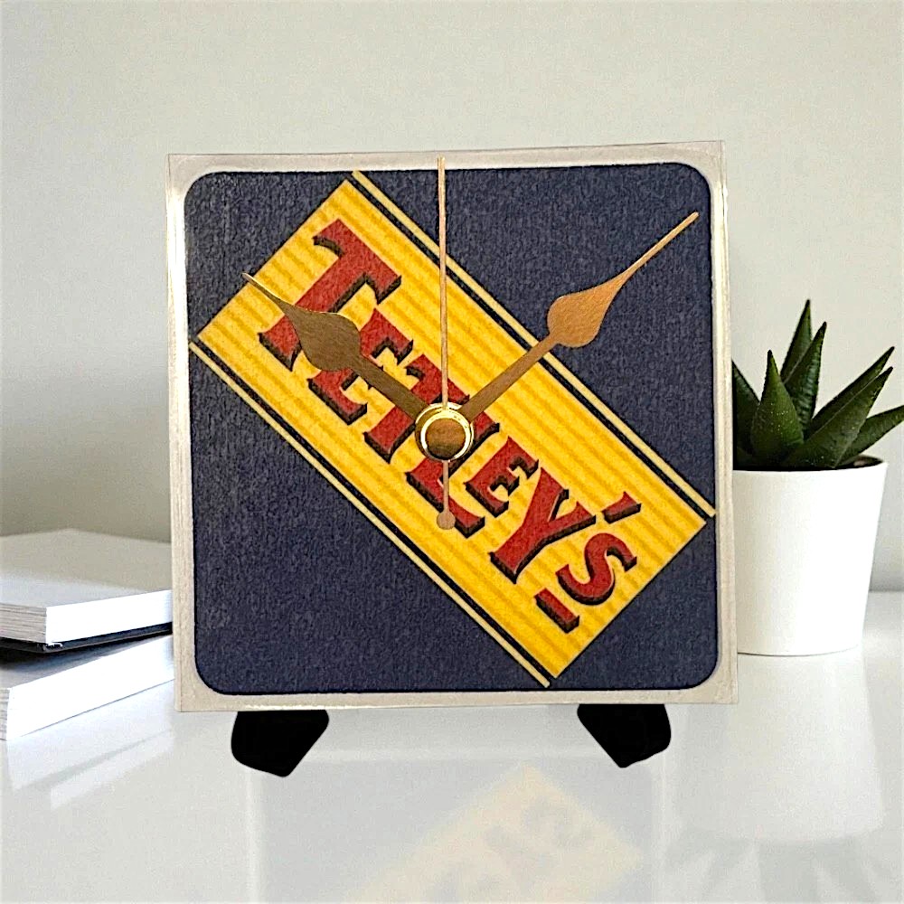 Upcycled Novelty Beer Mat Clock With Display Stand - Tetleys Design 1