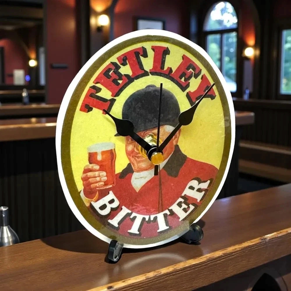 Upcycled Novelty Beer Mat Clock With Display Stand - Tetleys Design 2