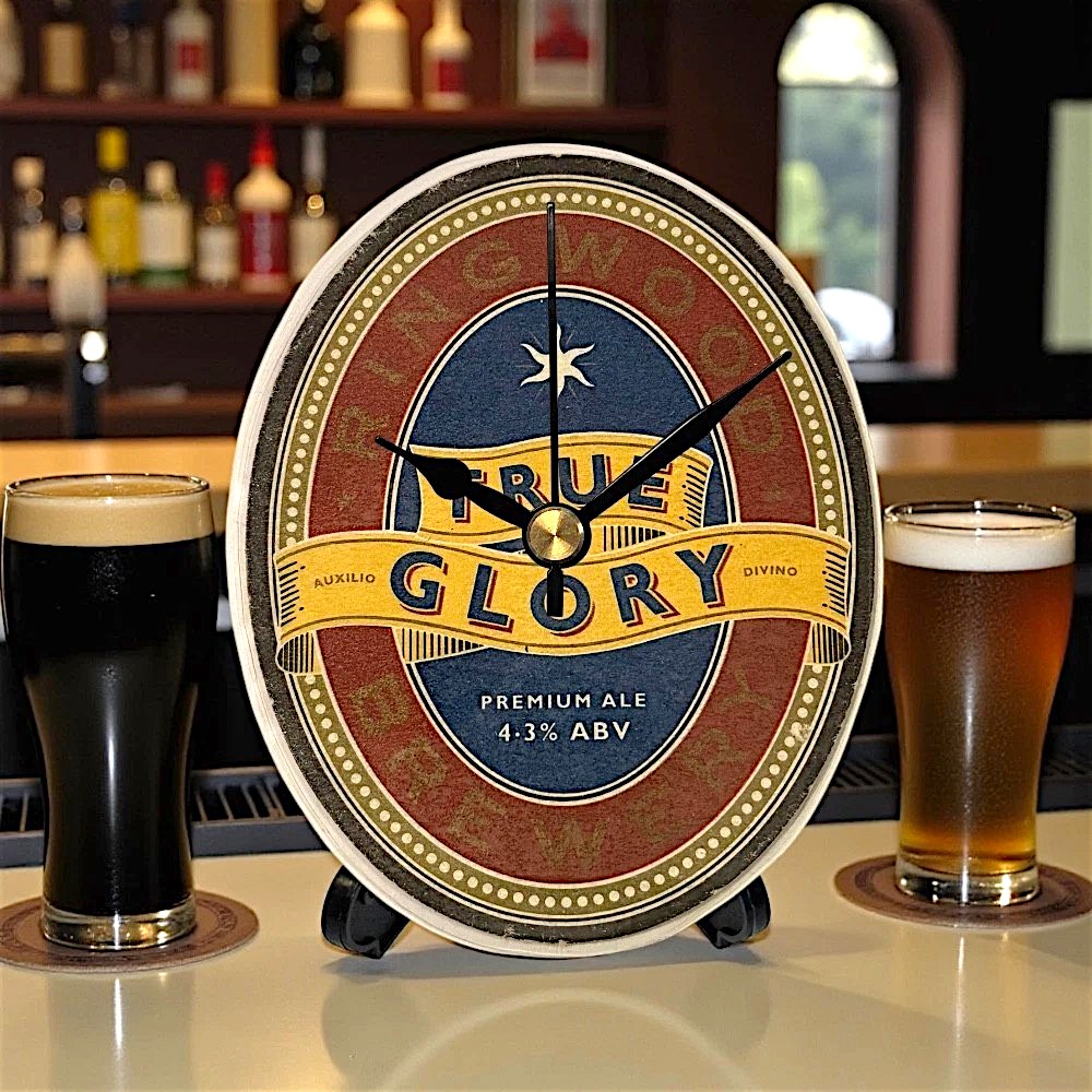 Upcycled Novelty Beer Mat Clock With Display Stand - True Glory