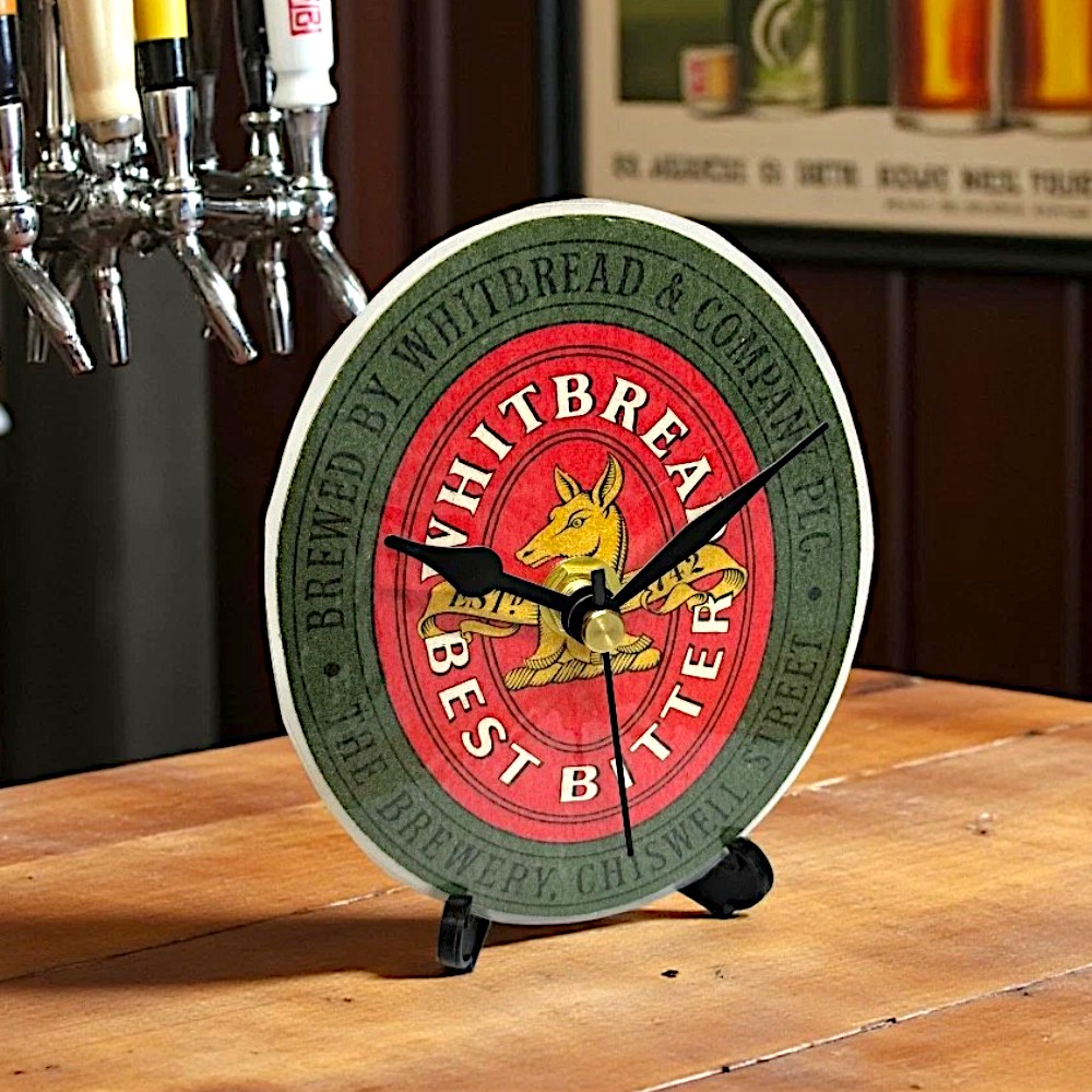 Upcycled Novelty Beer Mat Clock With Display Stand - Whitbread Design 1
