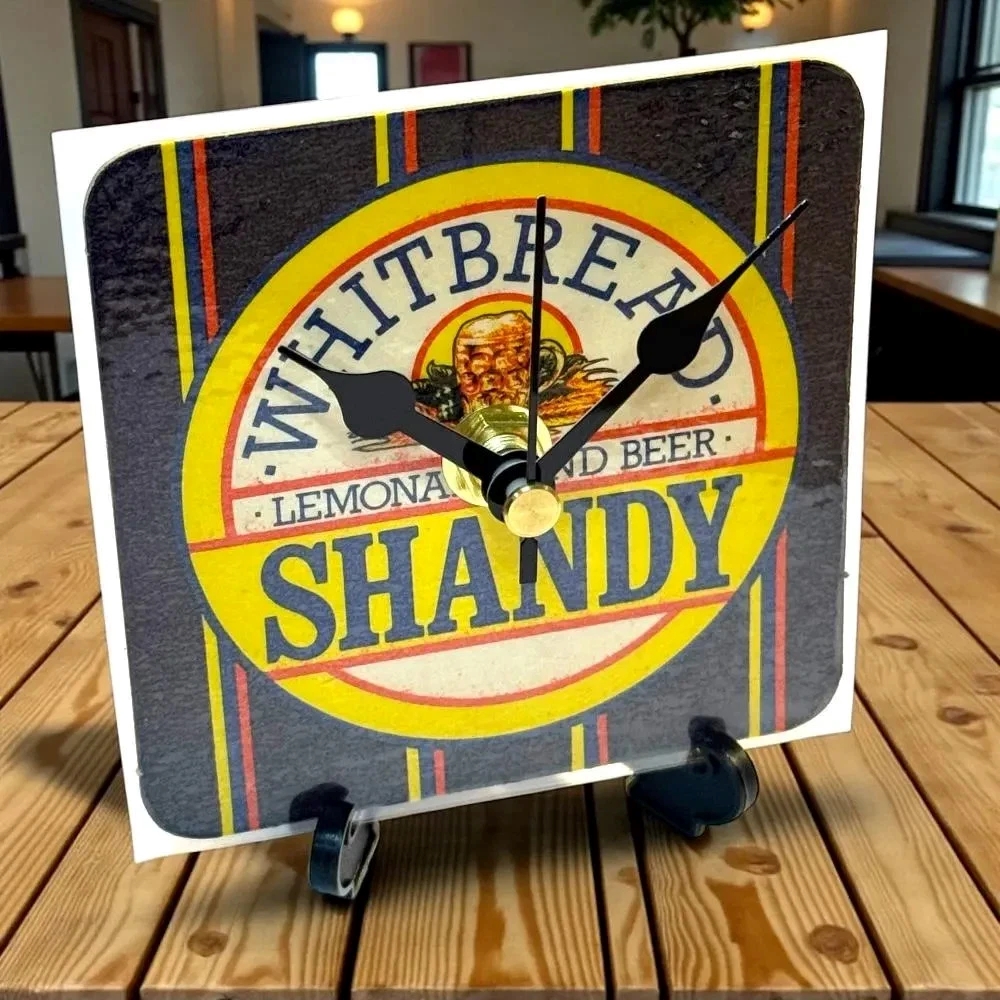 Upcycled Novelty Beer Mat Clock With Display Stand - Whitbread Design 2