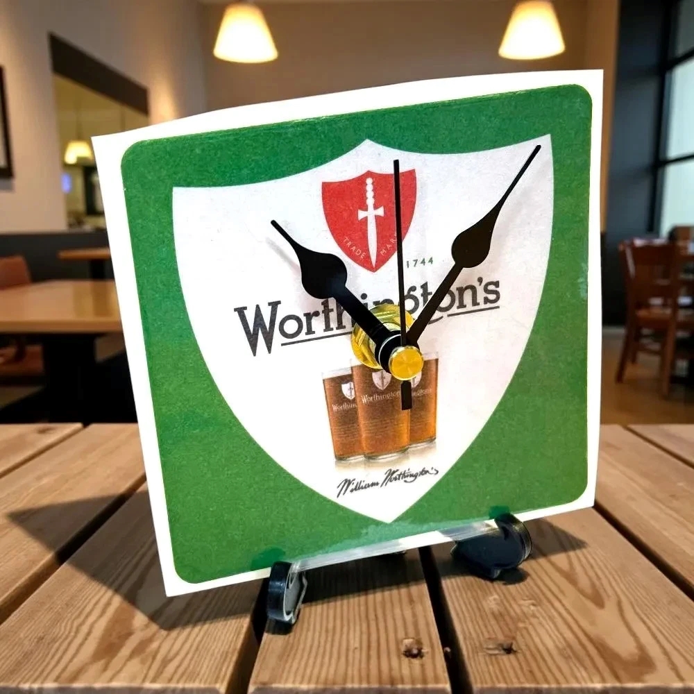 Upcycled Novelty Beer Mat Clock With Display Stand - Worthington Design 1