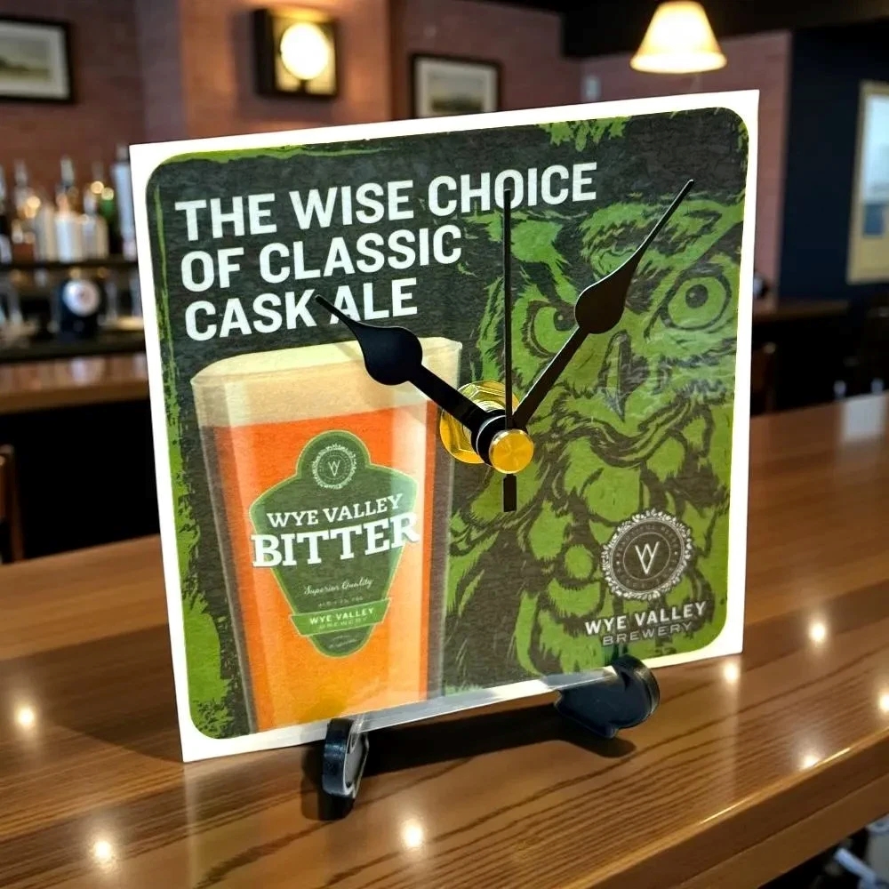 Upcycled Novelty Beer Mat Clock With Display Stand - Wye Valley Design 1