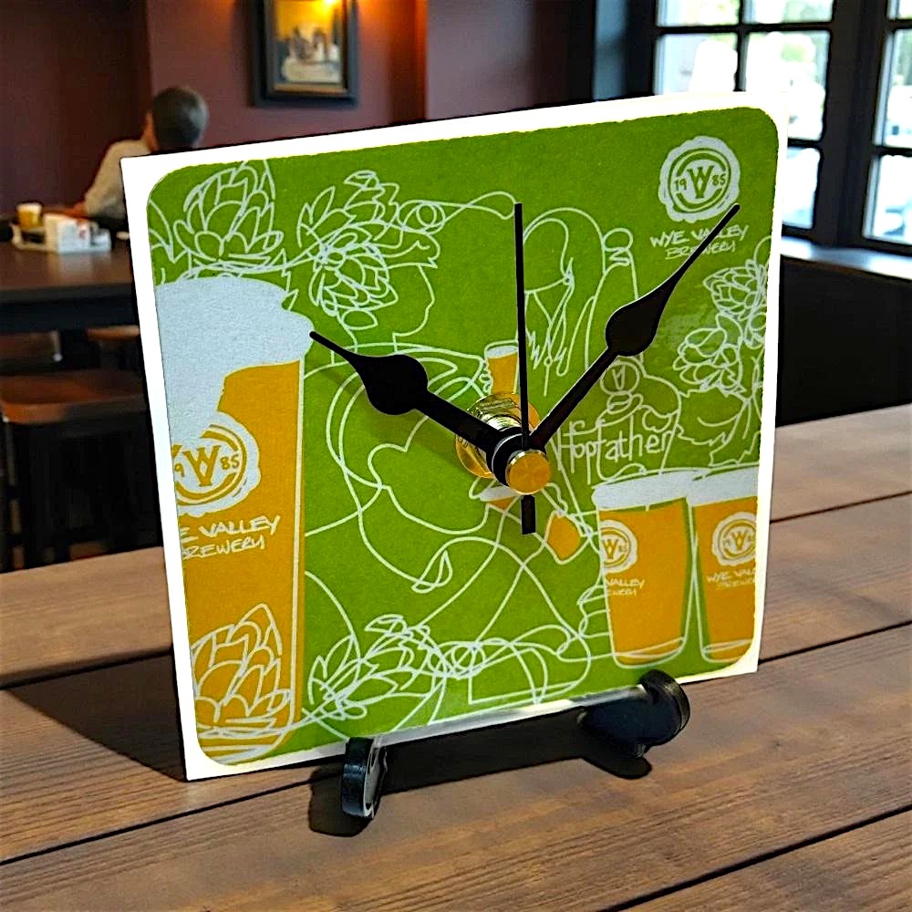 Upcycled Novelty Beer Mat Clock With Display Stand - Wye Valley Design 2
