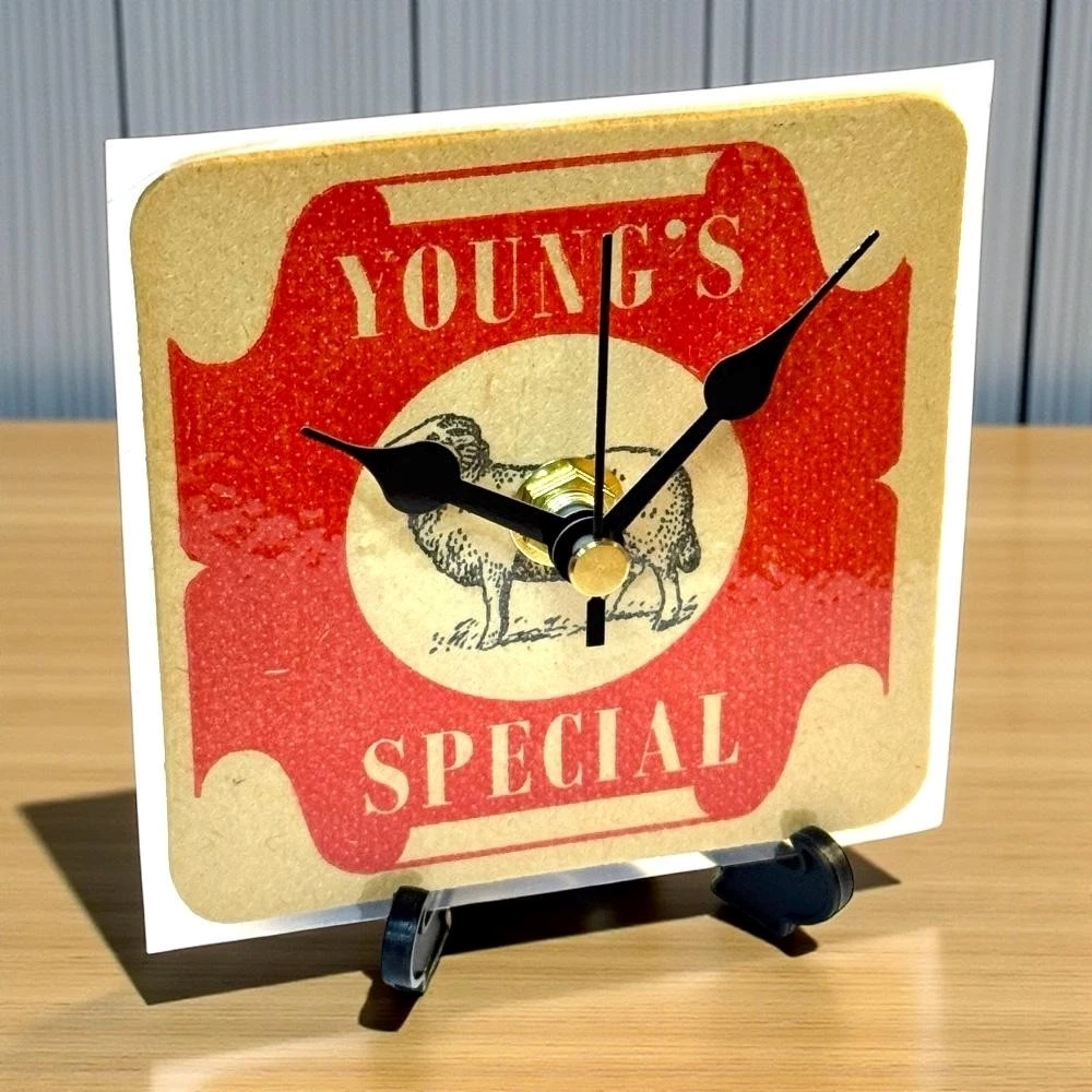 Upcycled Novelty Beer Mat Clock With Display Stand - Youngs Design 4