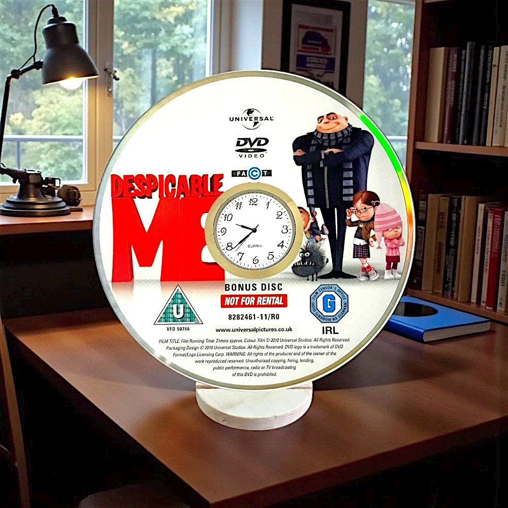 Novelty Desktop Uncycled DVD Clock With Fixed Gold Insert - Despicable Me