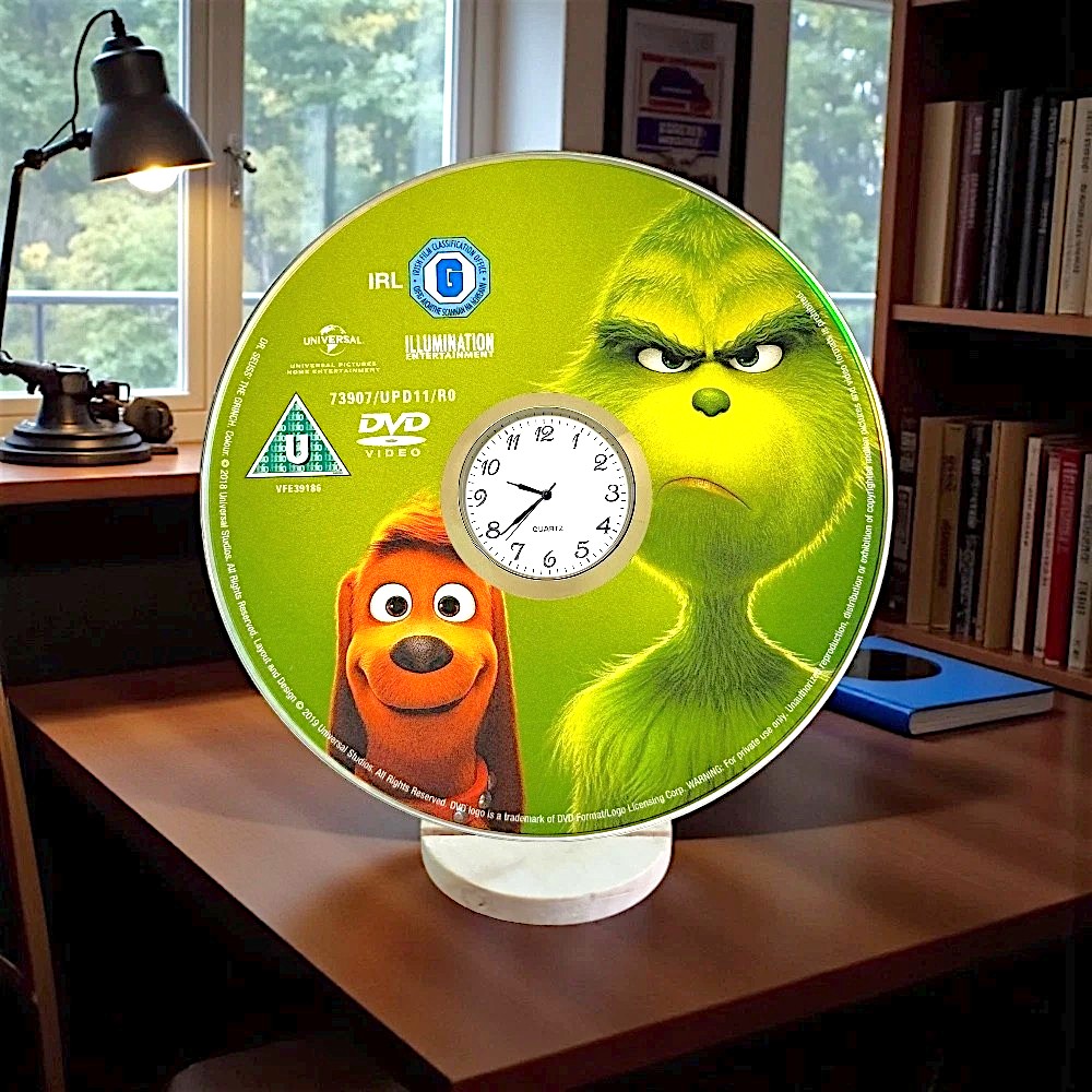 Novelty Desktop Uncycled DVD Clock With Fixed Gold Insert - Grinch