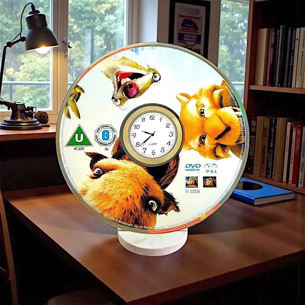 Novelty Desktop Uncycled DVD Clock With Fixed Gold Insert - Ice Age Design 1