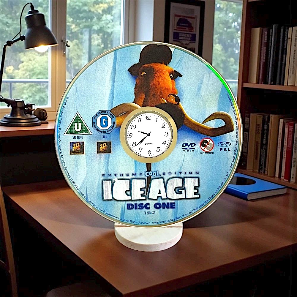 Novelty Desktop Uncycled DVD Clock With Fixed Gold Insert - Ice Age Design 2