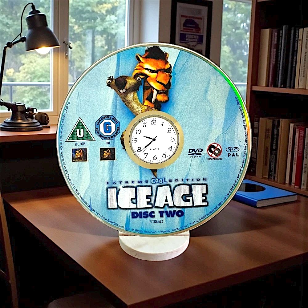Novelty Desktop Uncycled DVD Clock With Fixed Gold Insert - Ice Age Design 3