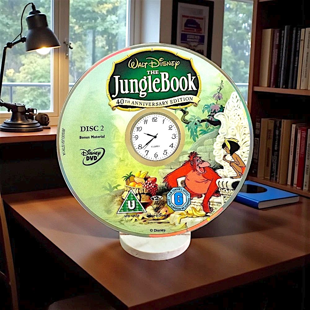 Novelty Desktop Uncycled DVD Clock With Fixed Gold Insert - Jungle Book Design 2