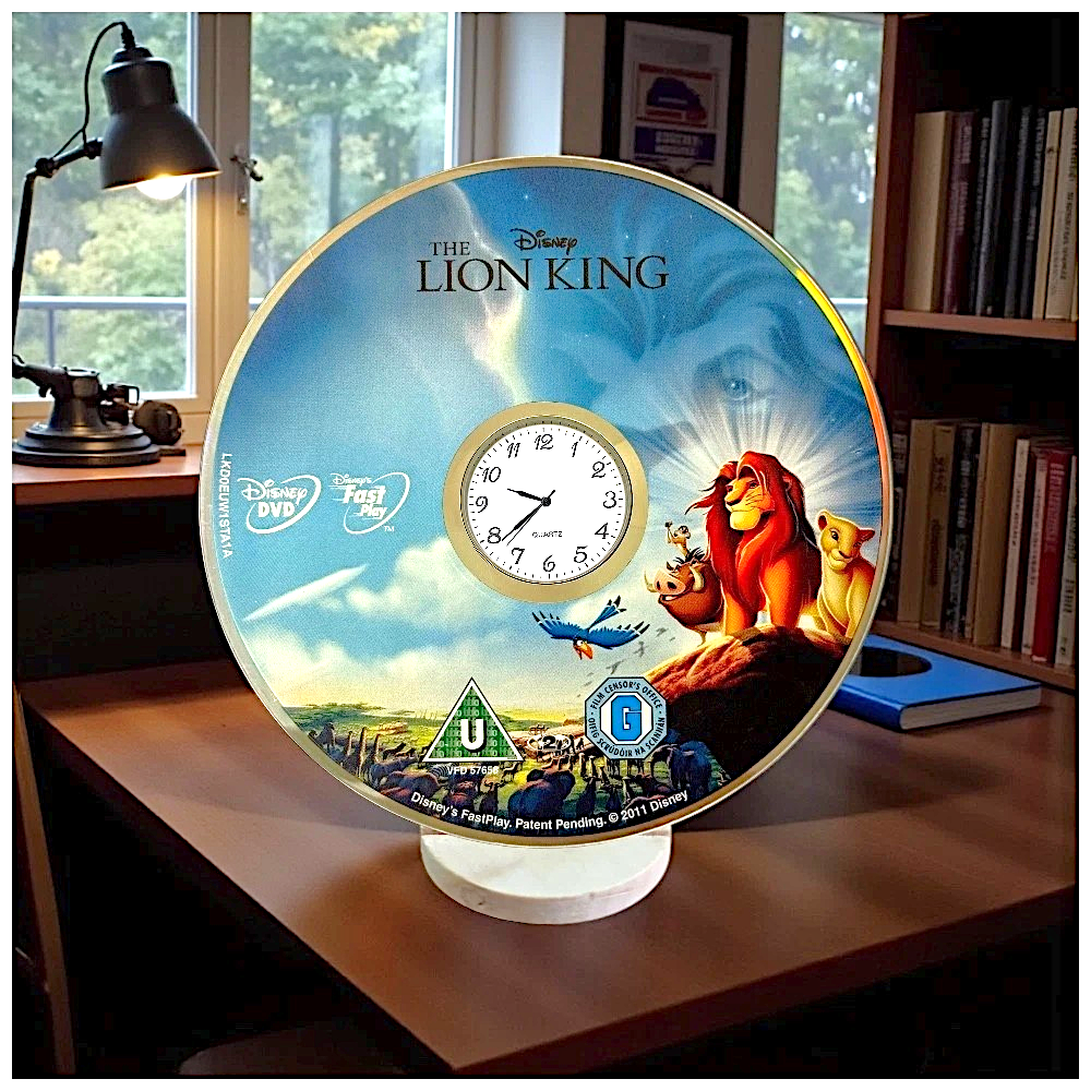Novelty Desktop Uncycled DVD Clock With Fixed Gold Insert - Lion King