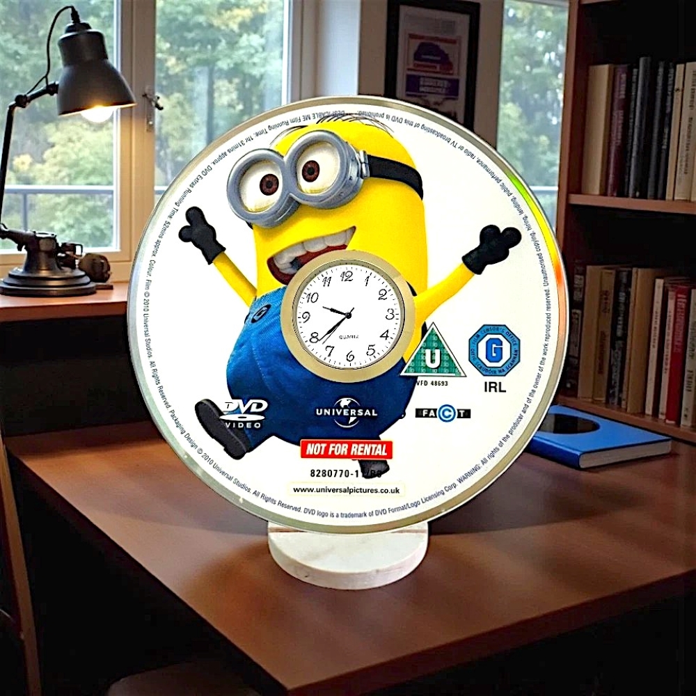Novelty Desktop Uncycled DVD Clock With Fixed Gold Insert - Minion