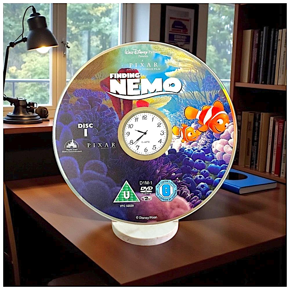 Novelty Desktop Uncycled DVD Clock With Fixed Gold Insert - Nemo Design 2