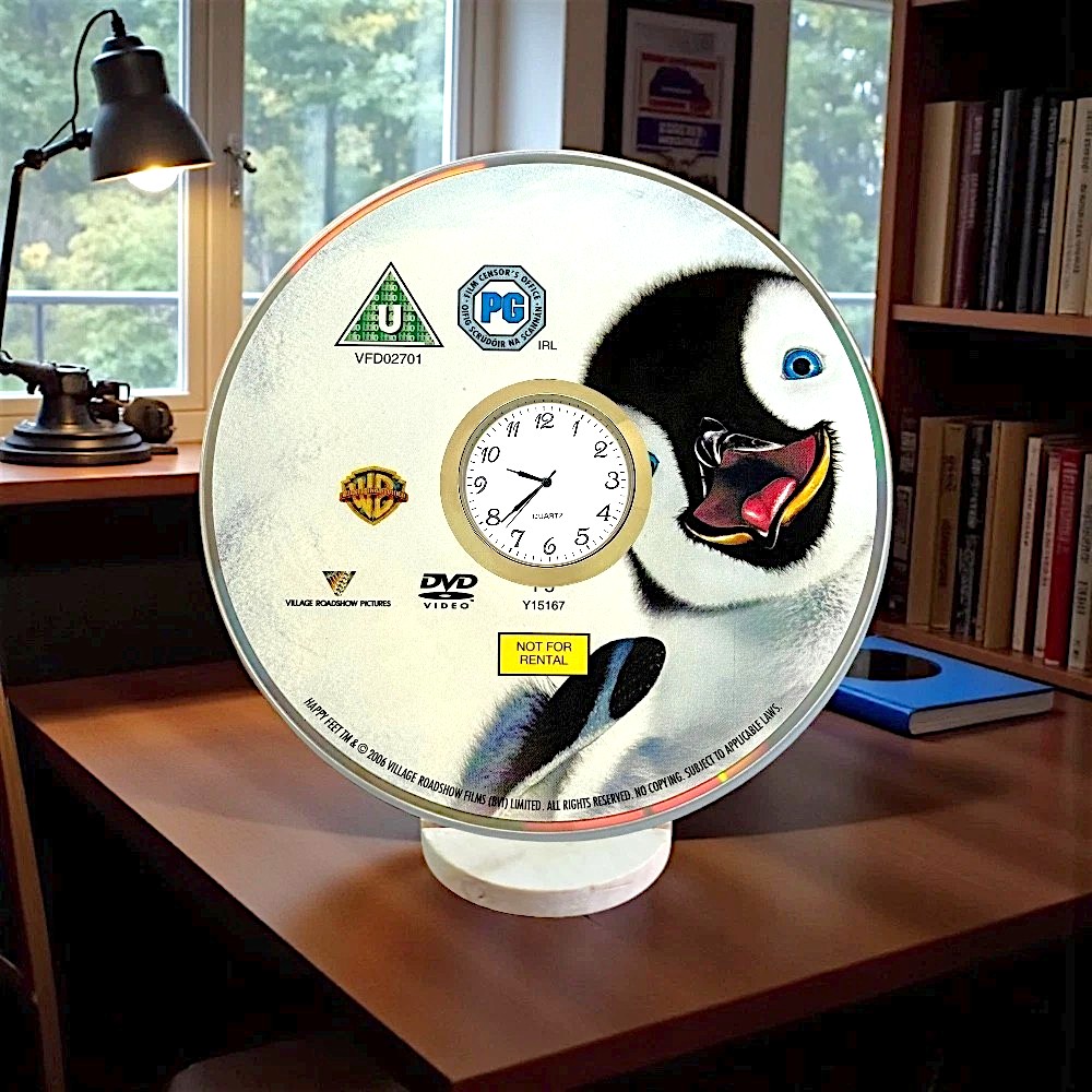 Novelty Desktop Uncycled DVD Clock With Fixed Gold Insert - Happy Feet