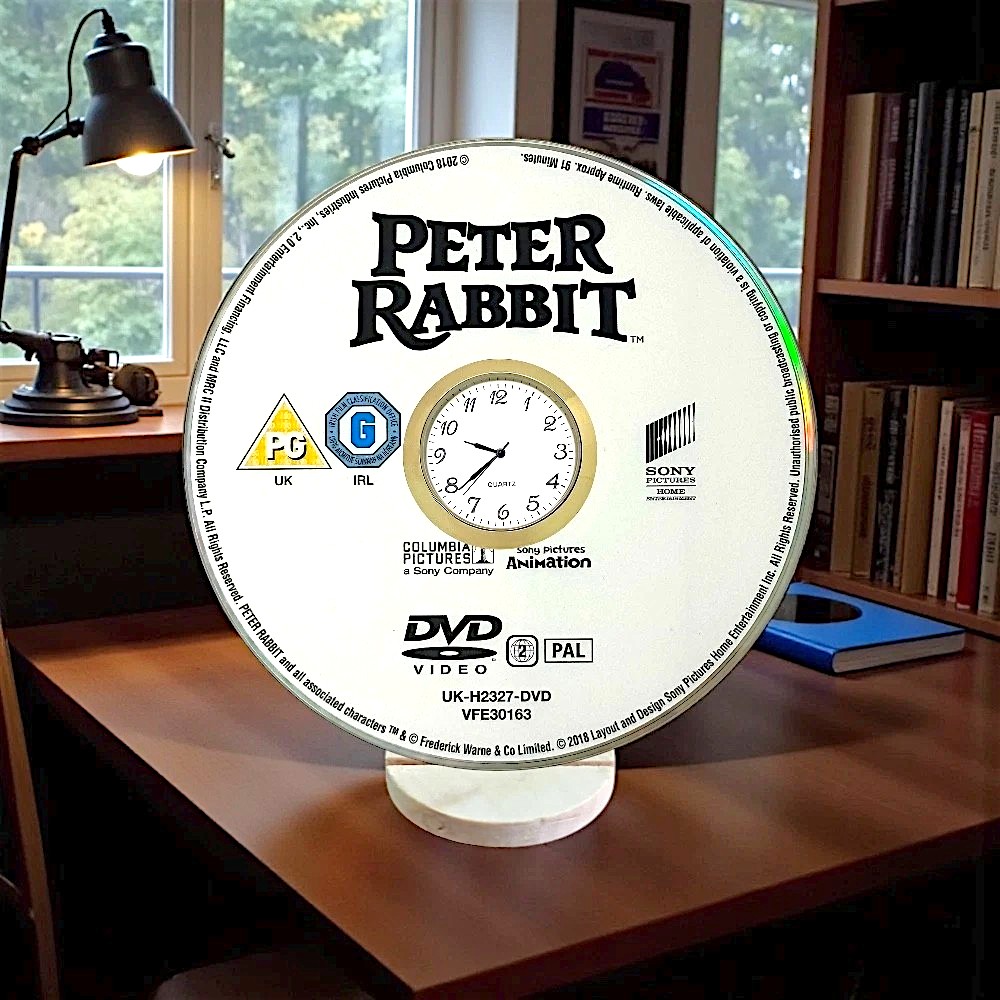 Novelty Desktop Uncycled DVD Clock With Fixed Gold Insert - Peter Rabbit
